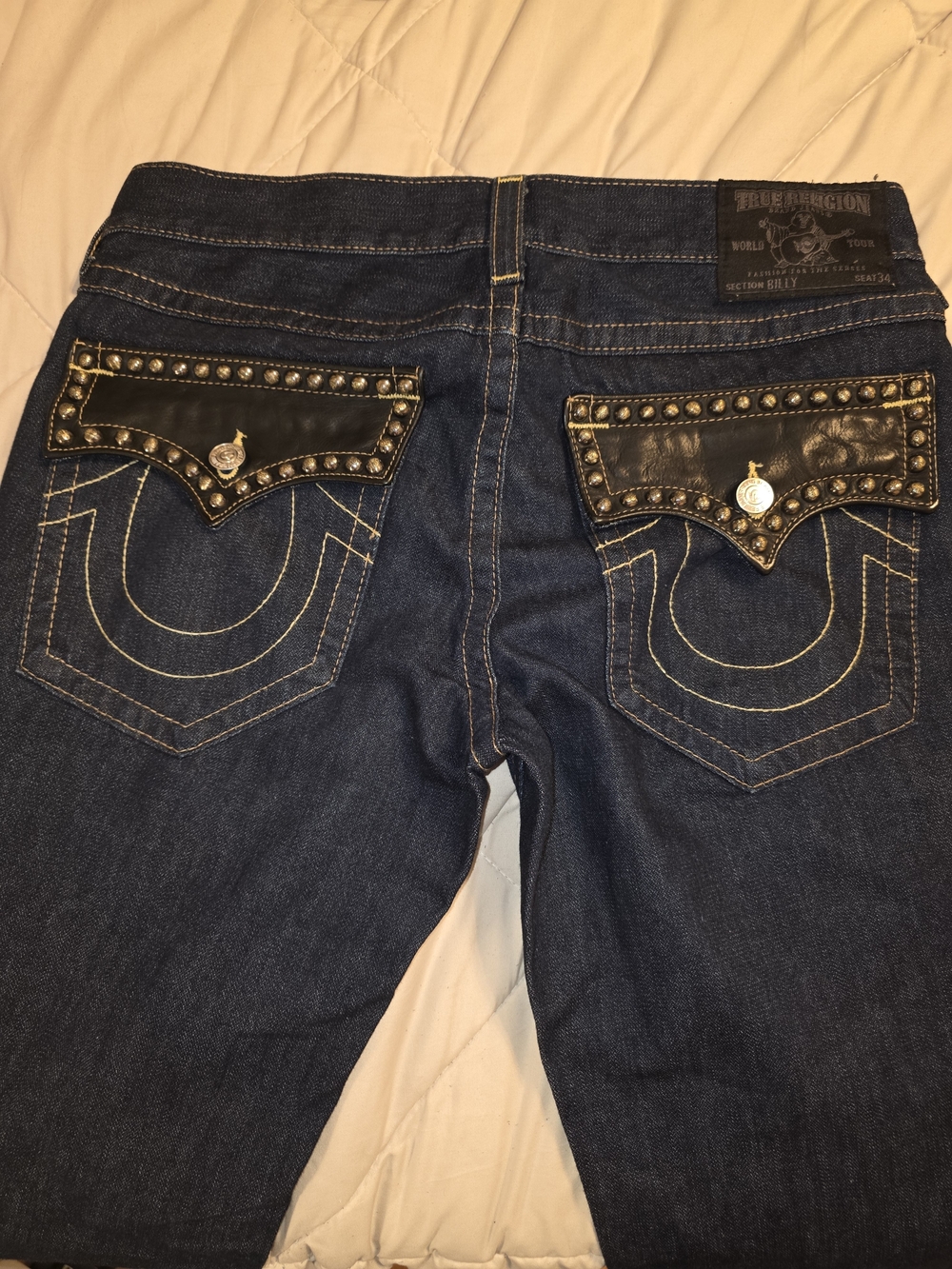 True Religion Billy Men's Dark Blue Denim  Jeans W/ Studded Back Pocket Flaps